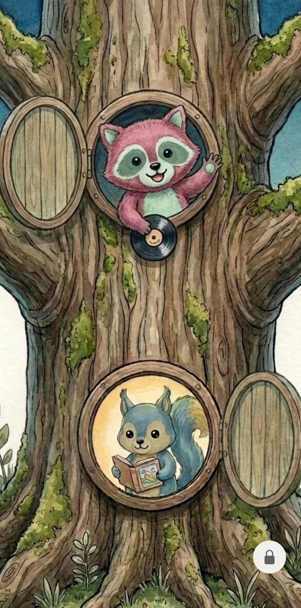 Startseite der Kids-App: ein gemalter Baum mit runden Türen, hinter denen Gruvi mit einer Platte und Fanki mit einem Buch warten