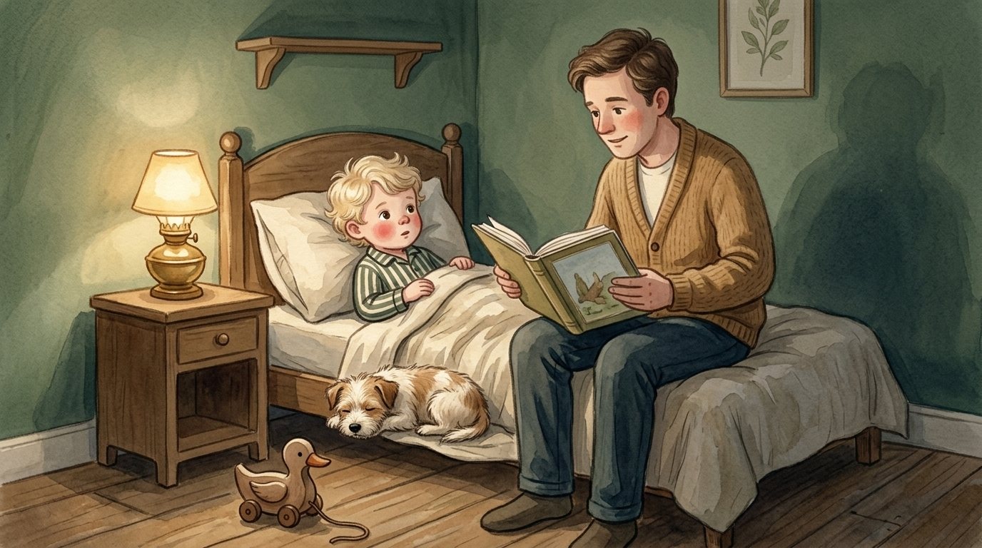 A father sits at his son’s bedside reading to him, the dog lying at the foot of the bed
