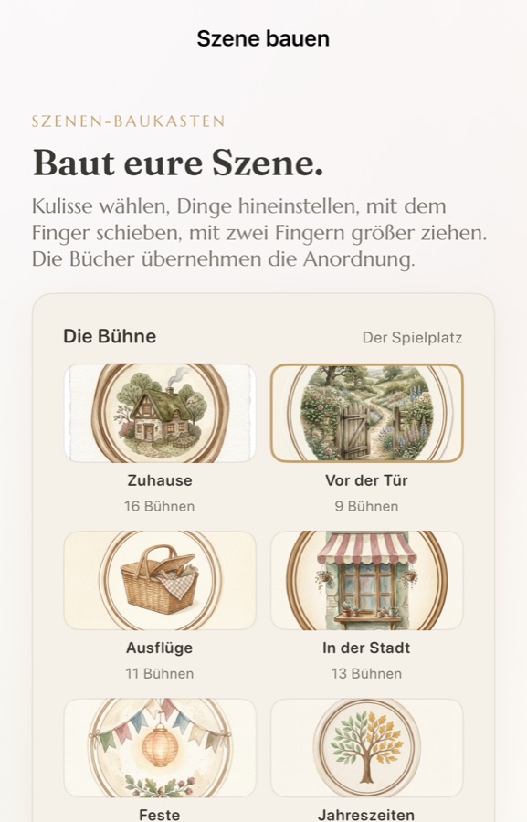 The scene builder with world categories and painted medallions