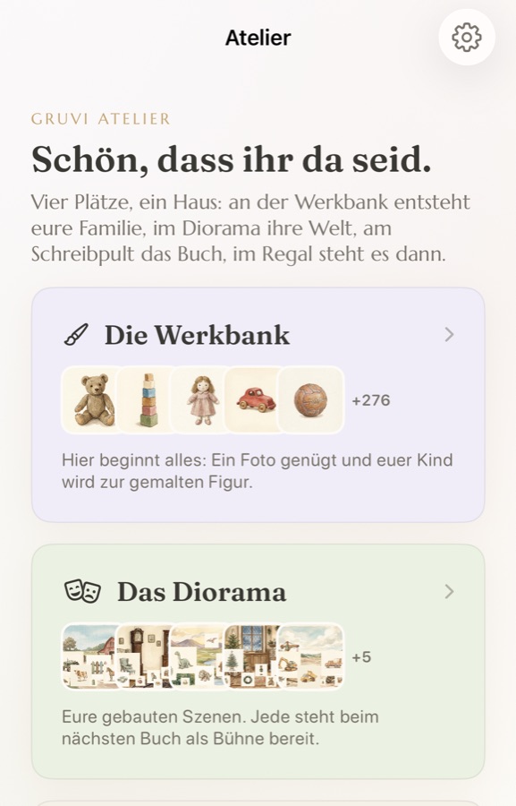 Der Ladeneingang des Gruvi Ateliers mit Werkbank und Diorama