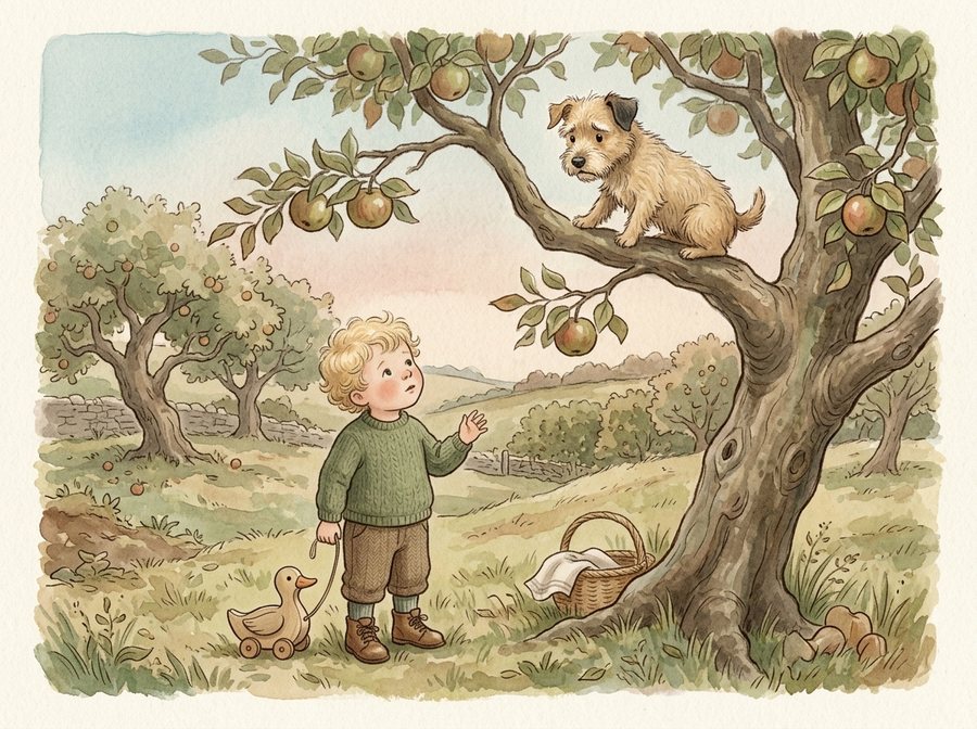 Aquarell-Illustration eines Jungen unter einem Apfelbaum