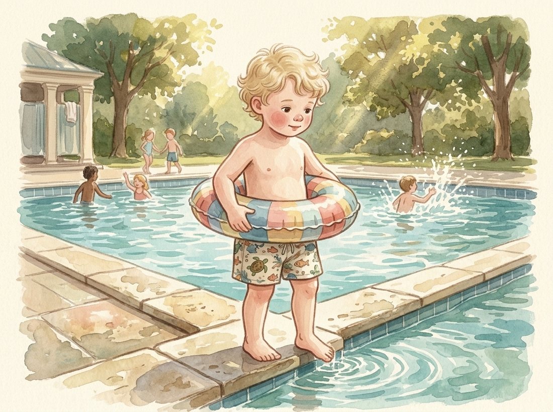Derselbe Junge am Schwimmbecken in Badehose mit Schwimmring